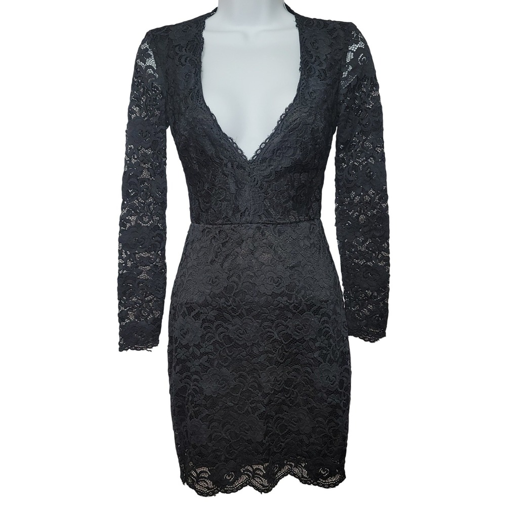 Bebe Black Floral Lace V-neck Long Sleeves Bodycon Midi Dress XXS Fairy Goth Y2K